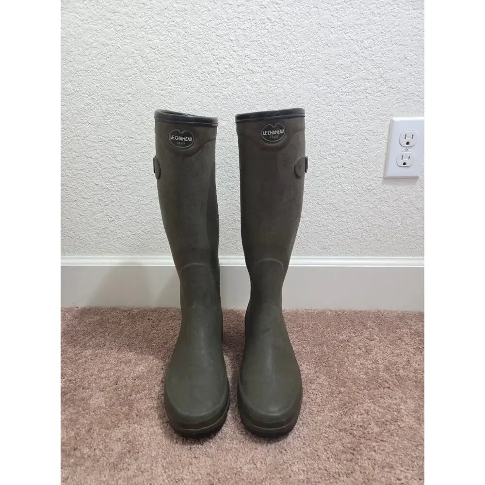 Le Chameau Hunting Green Plaid Tartan Lined Rubber Tall Wellington Boots Size 41